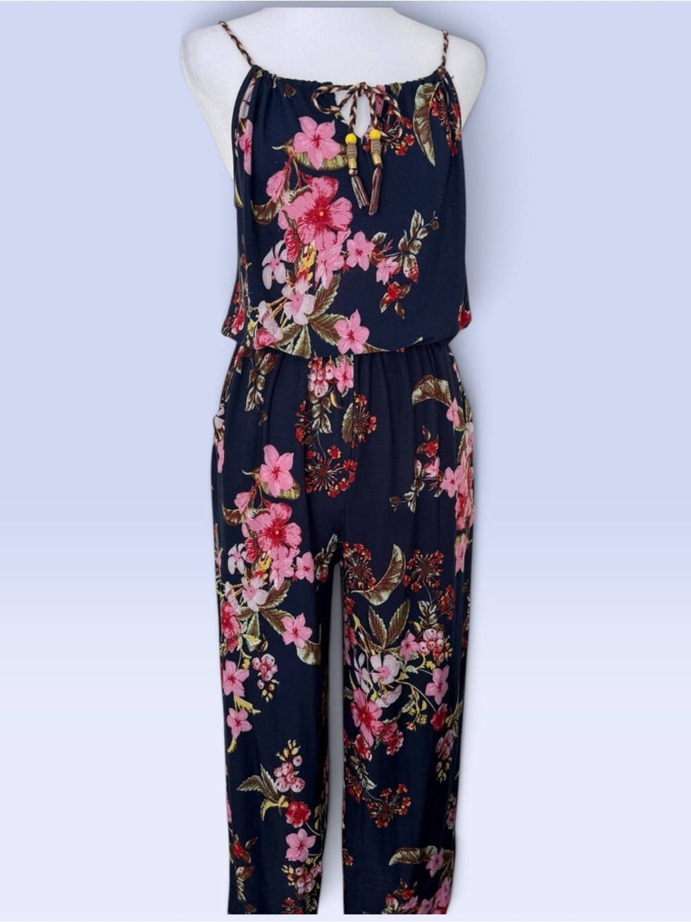 Navy Floral Spaghetti-Strap Jumpsuit